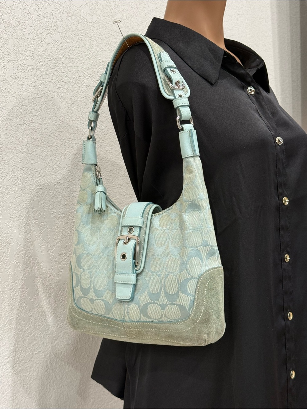 RARE Coach icy blue Signature Jacquard Shoulder Bag with Buckle